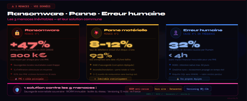 Les menaces : ransomware, panne matérielle, erreur humaine