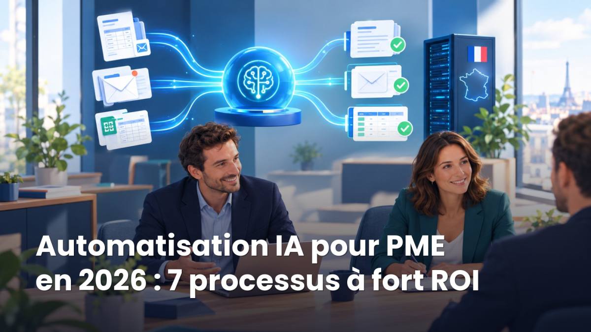 Équipe de PME en réunion pendant que l'IA traite factures et e-mails