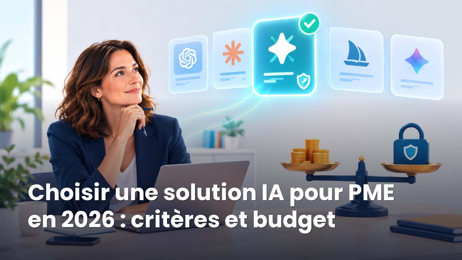 Dirigeante comparant plusieurs solutions d'IA entre budget et sécurité des données