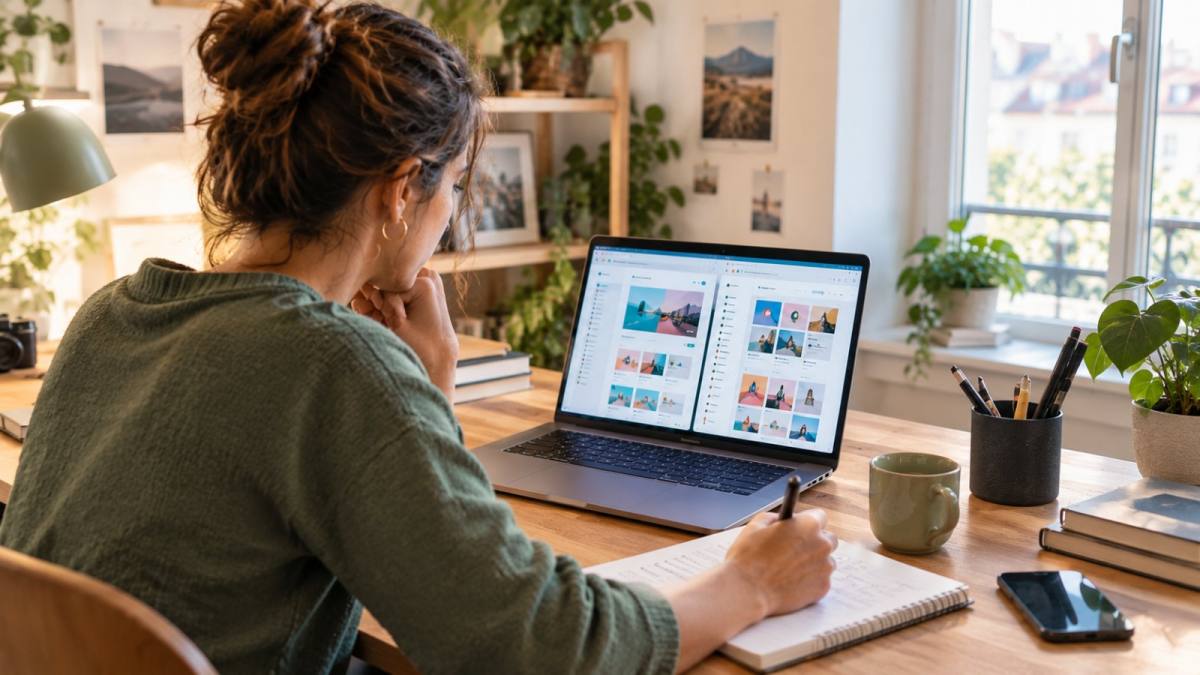 Dirigeant de PME comparant des outils de création graphique sur un écran