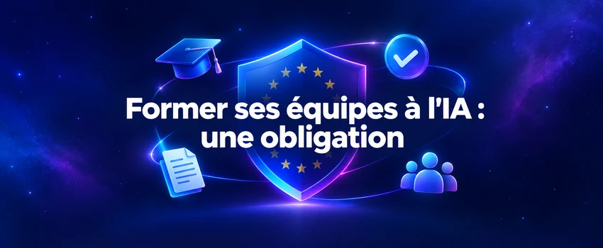 Obligation formation IA : bouclier européen entouré d'icônes de formation, de validation et d'équipe