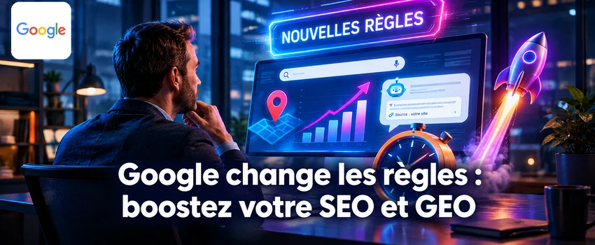 Google change les règles : un dirigeant face à un écran de résultats avec géolocalisation, graphique en hausse et réponse d'IA, pour booster son SEO et son GEO